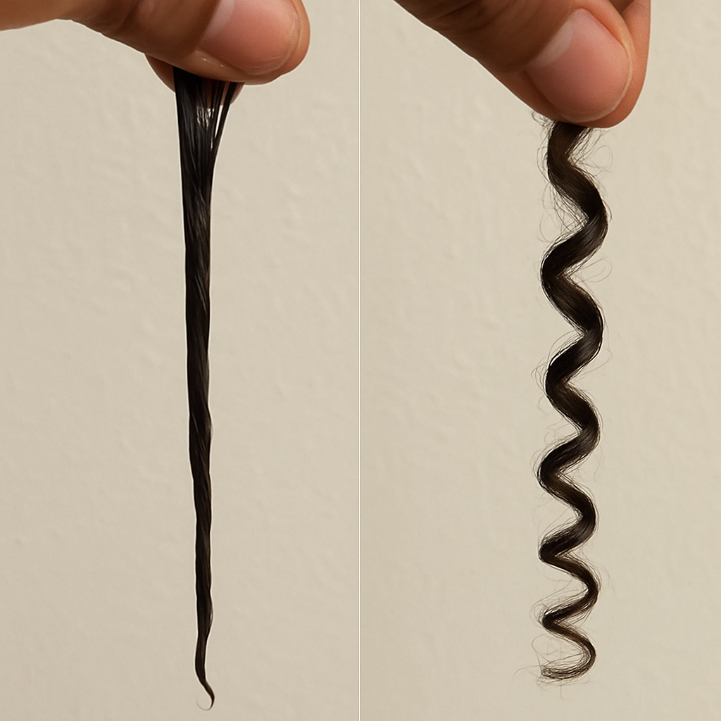 A side-by-side visual representation of a single curl: one side stretched out and wet, the other side coiled and dry to show length difference.